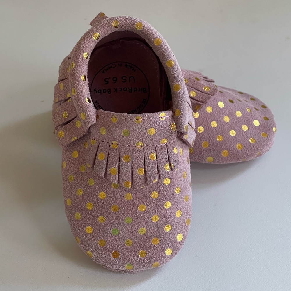 Bird Rock Baby Confetti Blush Pink and Gold Dots Moccasins Sz 6.5 Girl’s Fringe - Picture 2 of 15